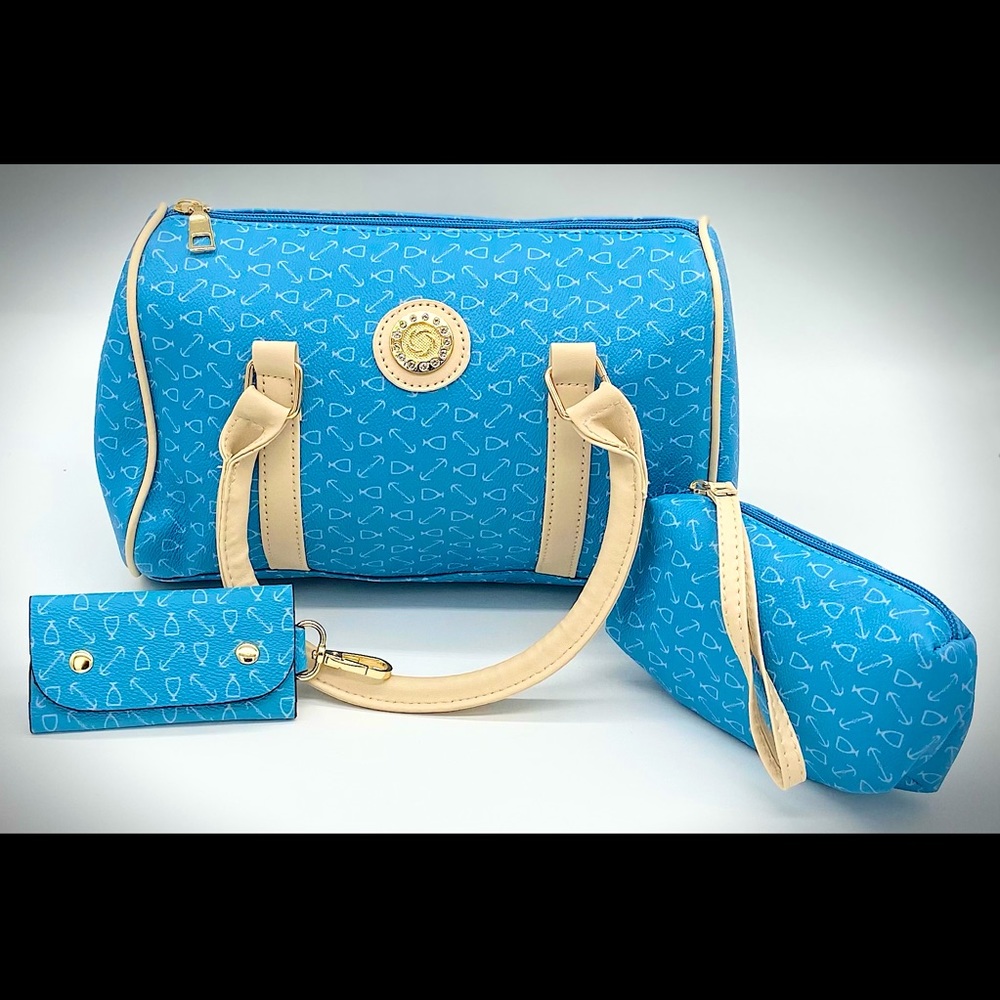 BLUE TAN FASHION LEATHER BARREL HANDBAG PURSE SET